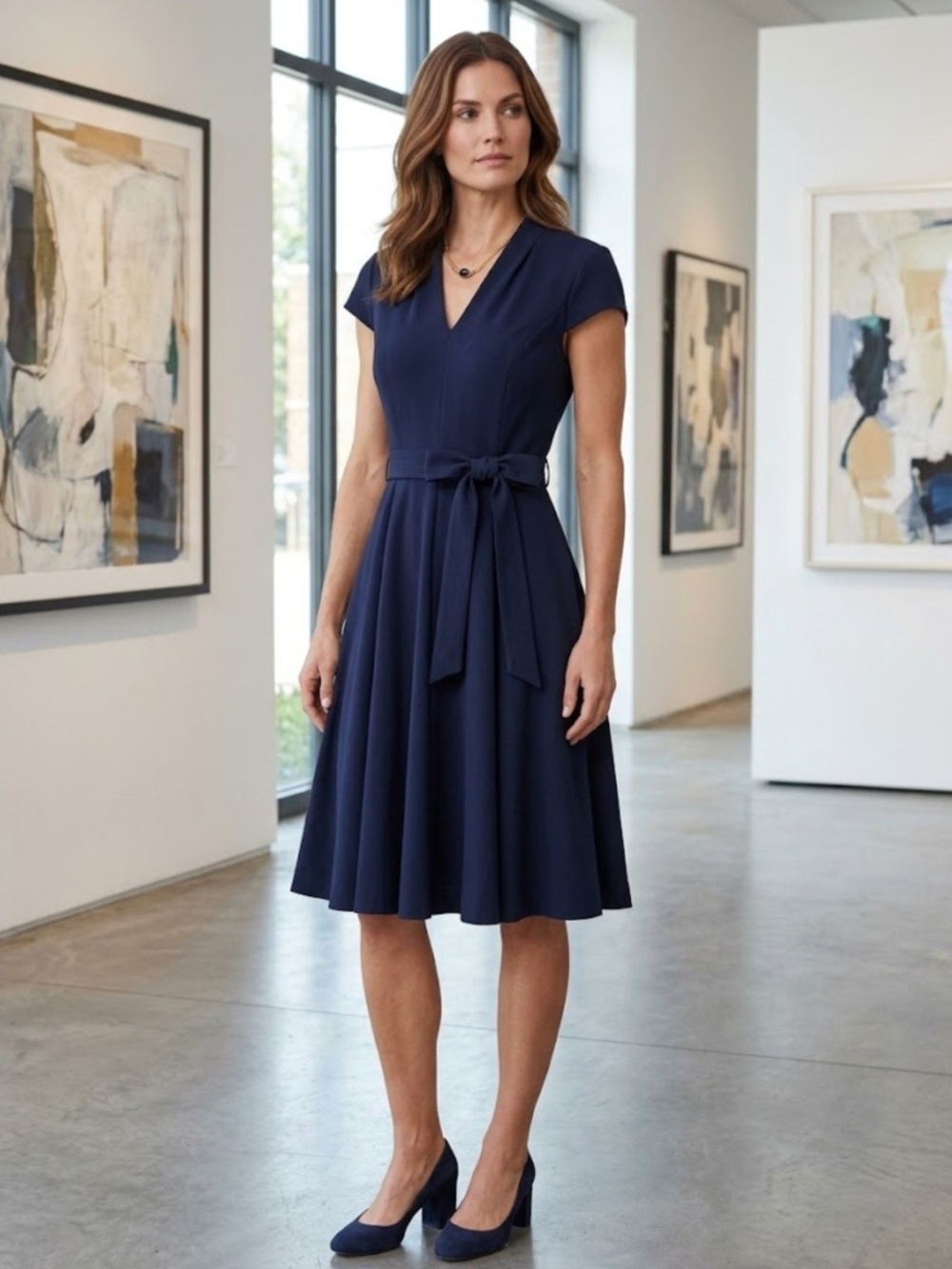 Sharagano Navy V-Neck Tie-Waist Midi Dress